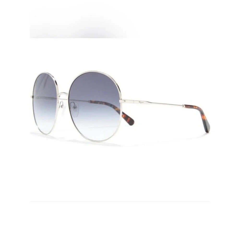 FERRAGAMO Oversized Gradient Blue Round Lens Silver Color Frame Sunglasses 60mm